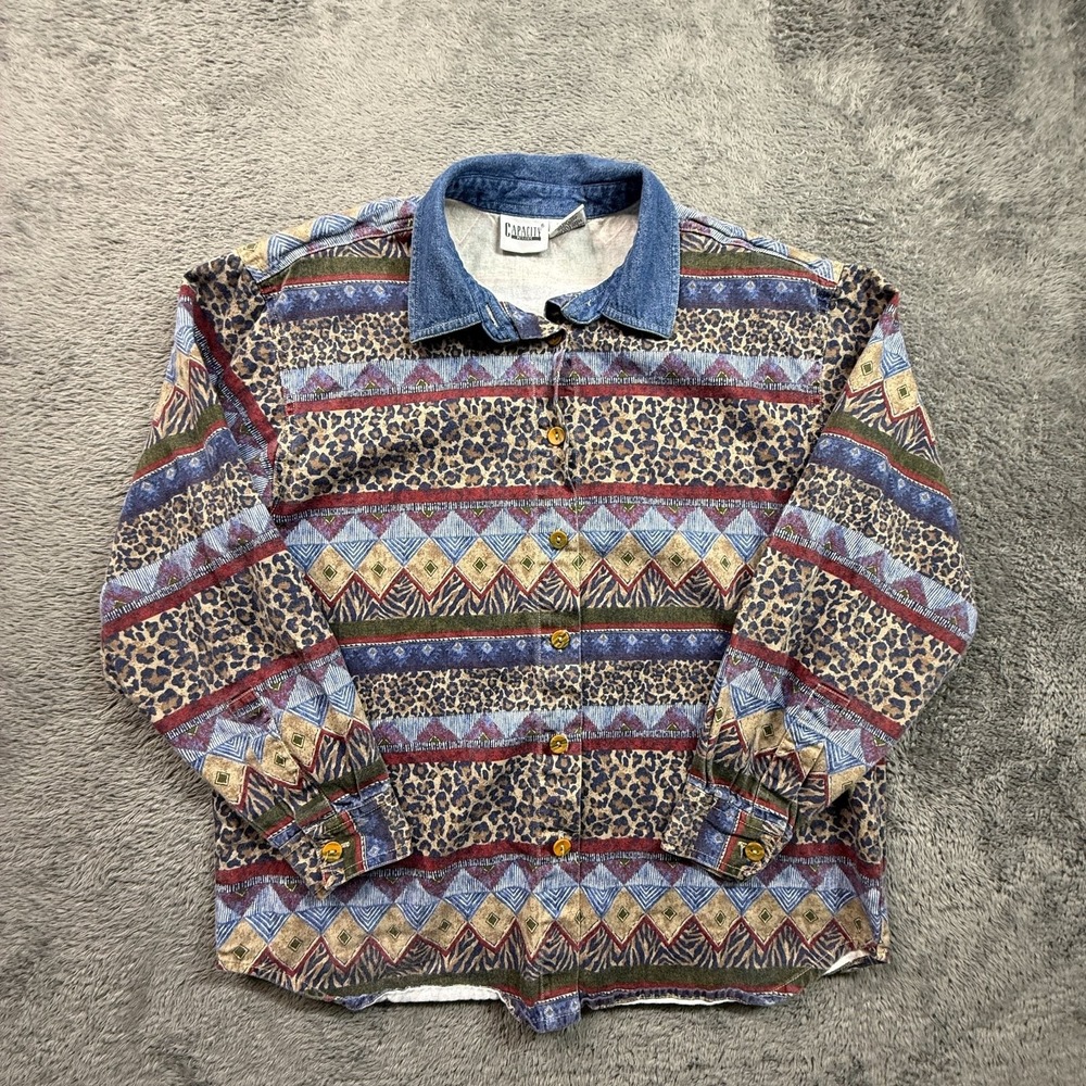 Capacity Petites Vintage 90s Leopard Tribal Print Denim Collar Shirt Womens M